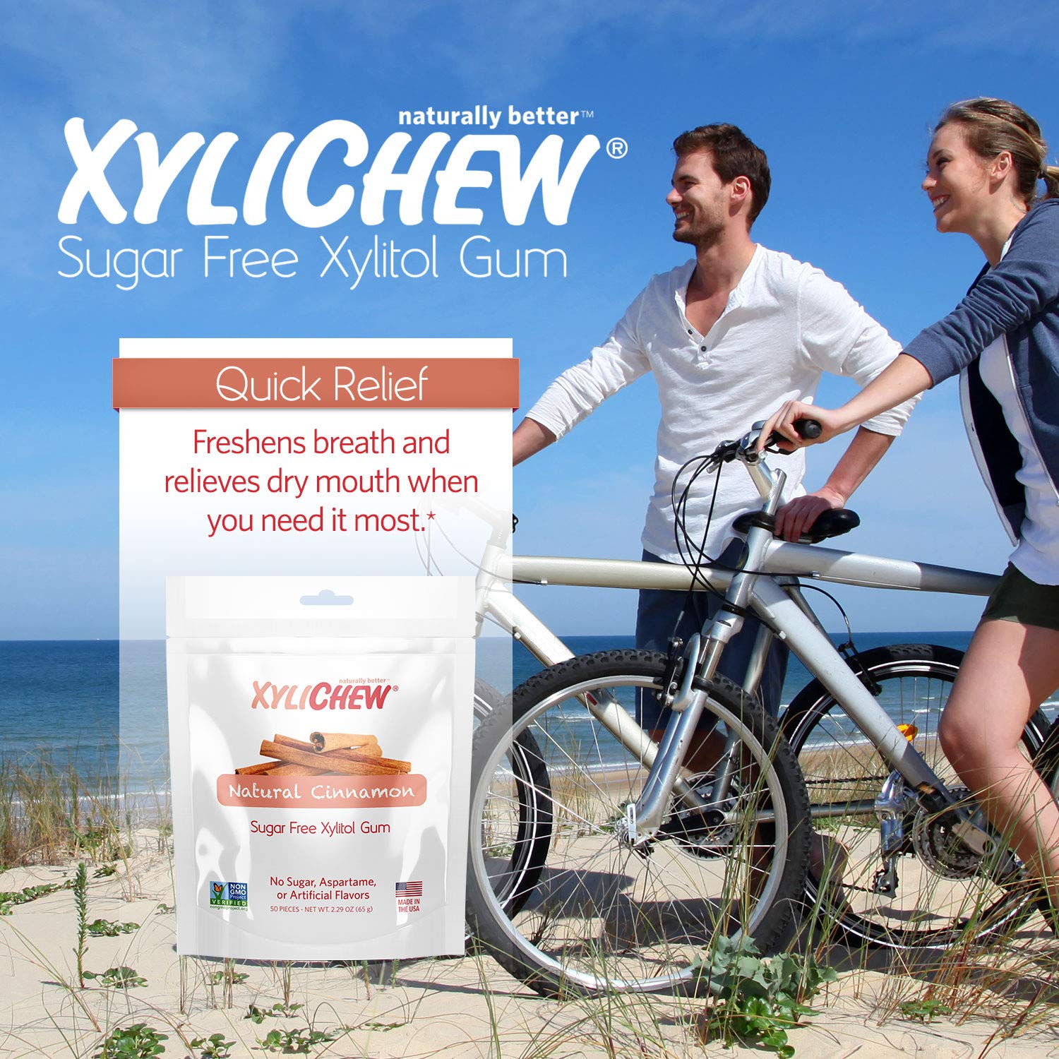 Xylichew 100% Xylitol Chewing Gum - Non GMO, Non Aspartame, Gluten Free, and Sugar Free Gum - Natural Oral Care, Relieves Bad Breath and Dry Mouth - Cinnamon, 50 Count