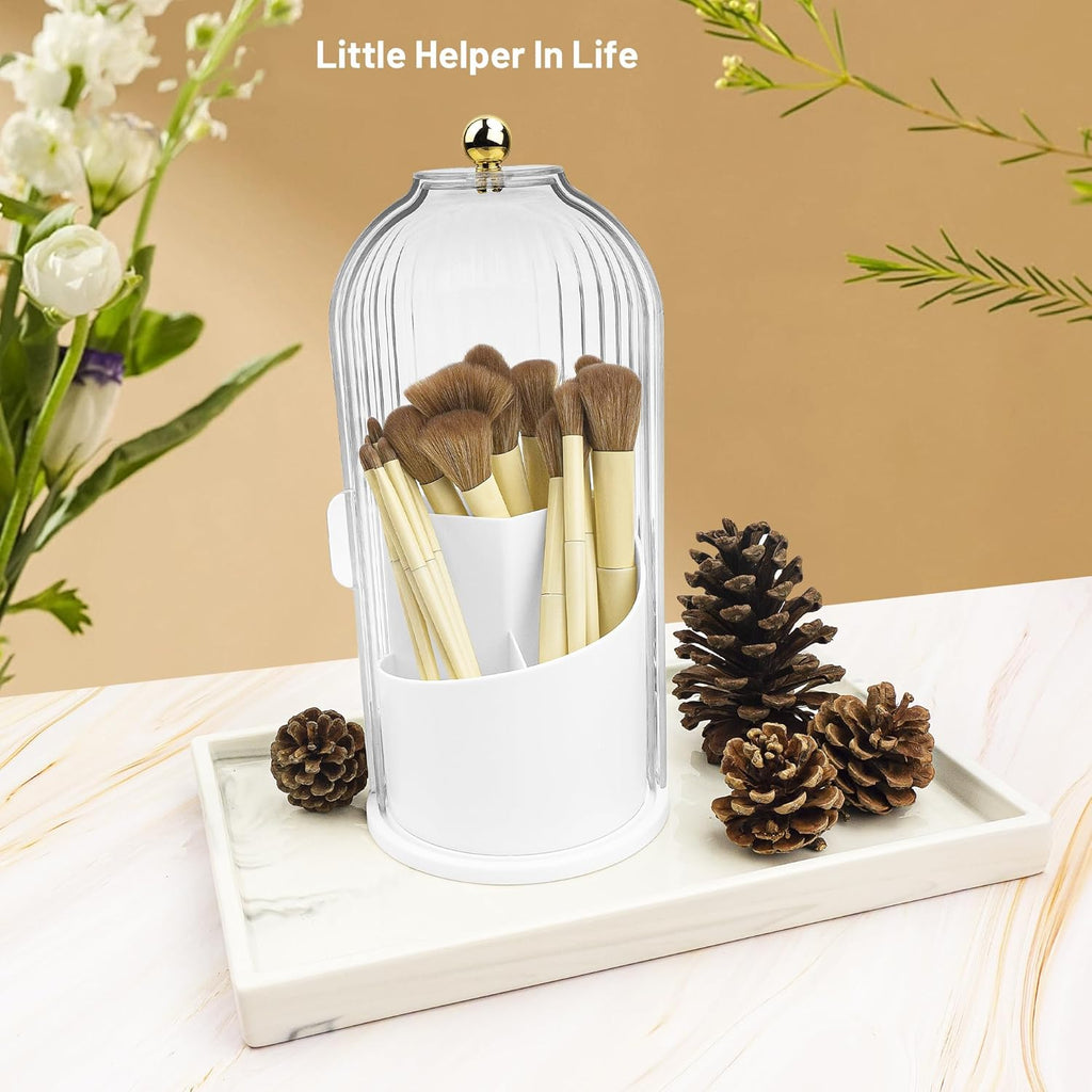 1PCS Makeup Brush Holder Organizer with Clear Lid 360 Rotating Sliding Opening Dustproof Brushes Container for Vanity