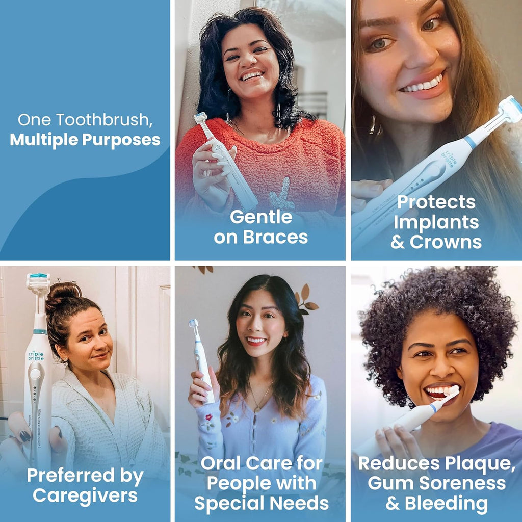 Triple Bristle Original Sonic Toothbrush | Rechargeable 31,000 VPM Tooth Brush | Patented 3 Head Design | Angled Bristles Clean Each Tooth | Dentist Approved | Triple Bristle Original + Oral Care Kit