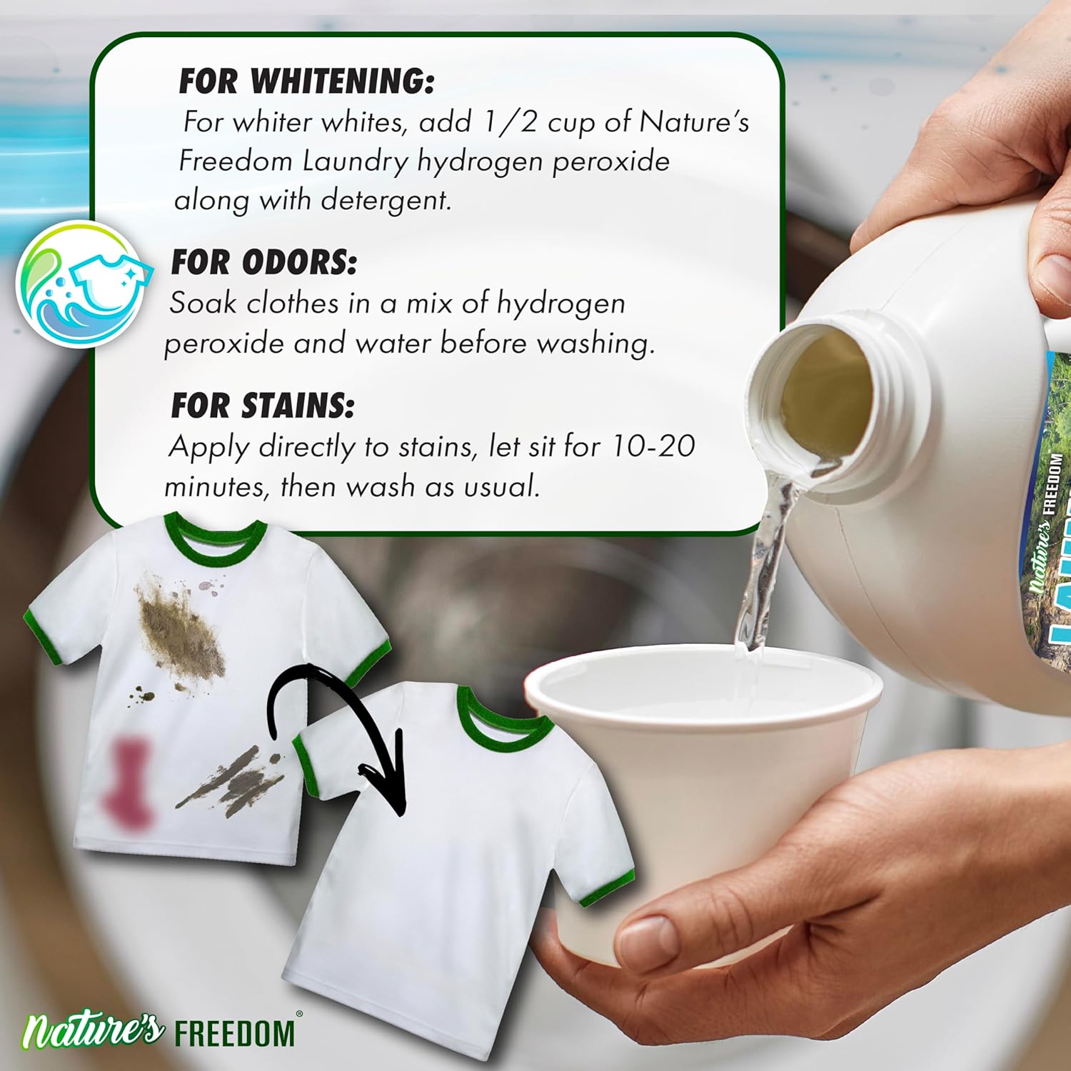 Nature's Freedom Laundry Peroxide Spray – Powerfully Breaks Down Odors & Tough Stains Naturally – Chlorine-Free Whitening & Stain Remover – 32 Fl Oz