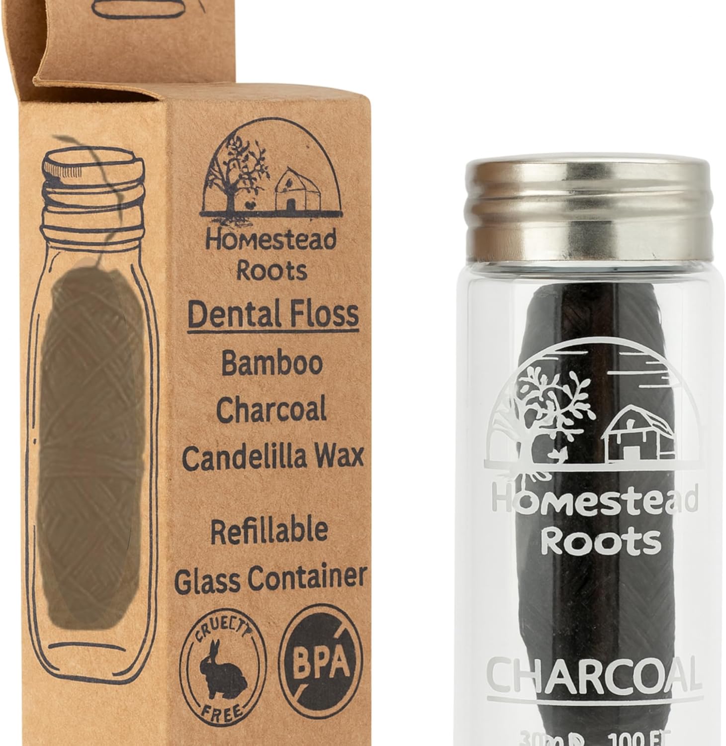 Natural Bamboo Dental Floss 4 Pack - Refillable Glass Containers (100 Feet Each) - Zero Waste, Vegan, Non Toxic, Extra-Strong Charcoal-Infused Floss