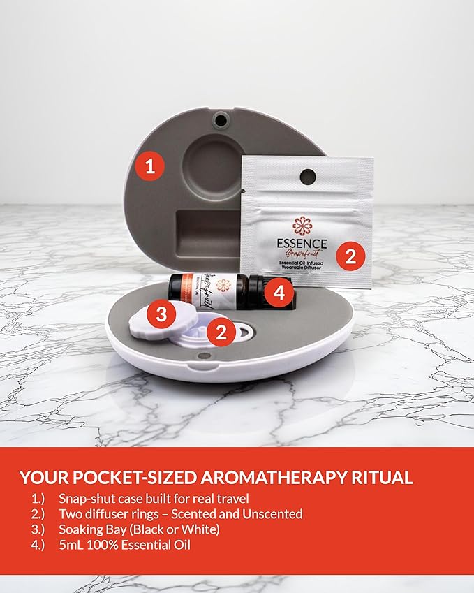 Essence Pearl Travel Case - Wearable Aromatherapy Kit with Nasal Diffuser Rings, Soaking Bay, and 5mL Essential Oil – Portable Wellness Gift Set for On?The?Go Self Care