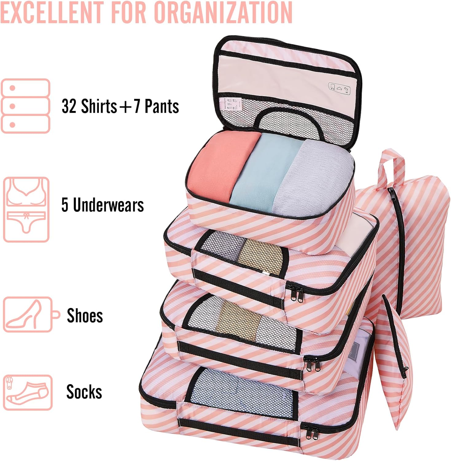 Veken 8 Set Packing Cubes for Travel Essentials, Suitcase Organizer Bags in 4 Sizes, Carry-On Luggage Accessories with Large Laundry & Hanging Toiletry Bag, Must-Have for Airplane, Road Trip & Camping