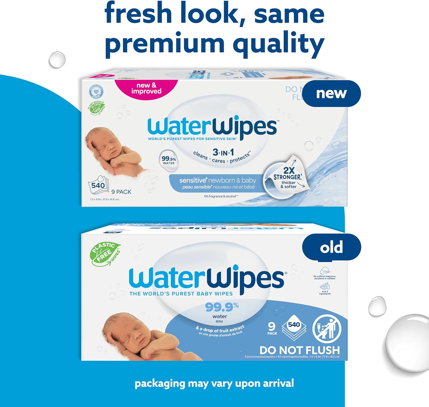 WaterWipes Sensitive+ Newborn & Baby Wipes, 3-In-1 Cleans, Cares, Protects, 99.9% Water, Unscented & Hypoallergenic, 540 Count (9 Packs)