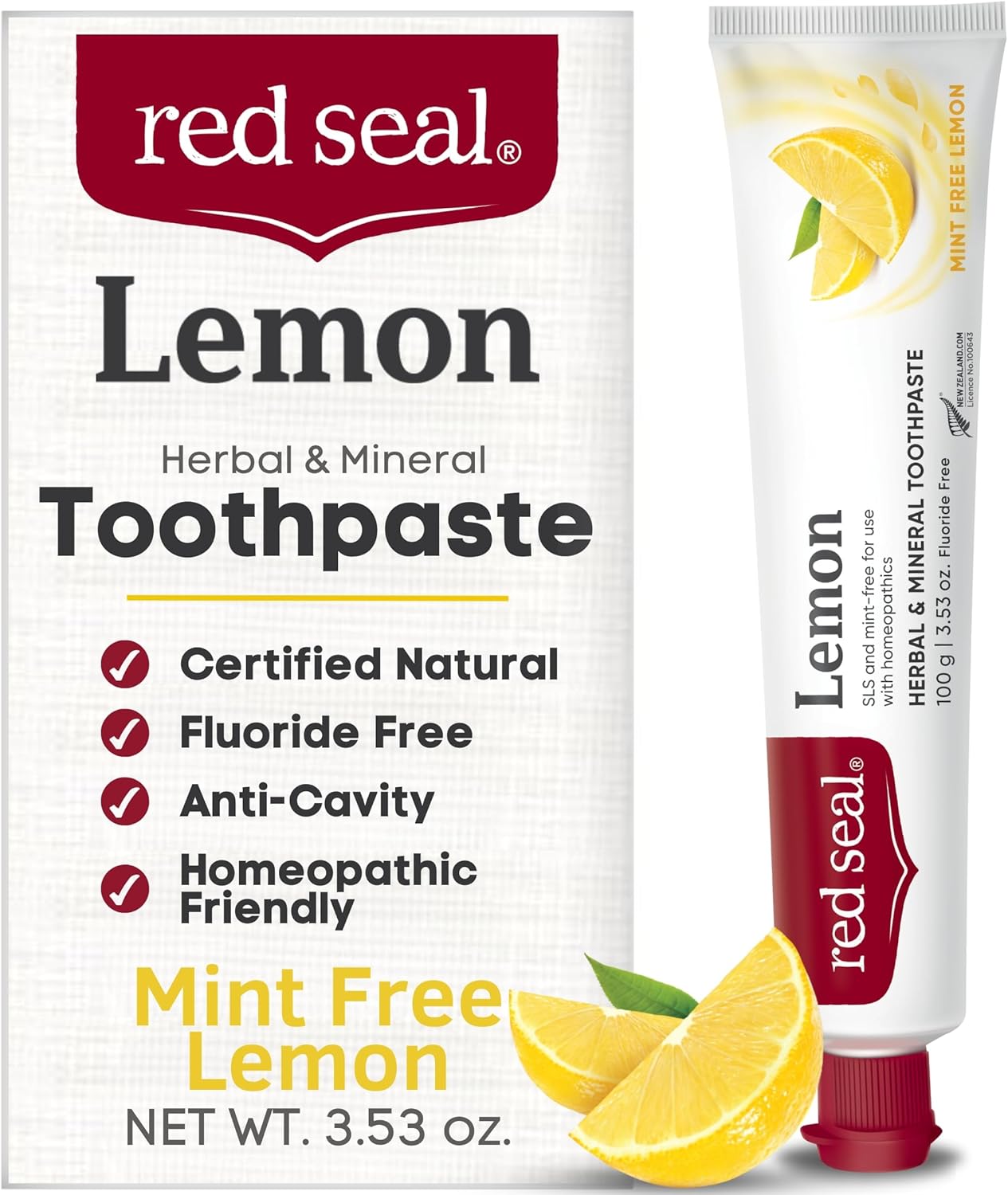Red Seal Herbal & Mineral Fluoride Free Lemon Toothpaste - Mint Free Toothpaste for Adults - Vegan Friendly, Cruelty Free, No Artificial Colors or Flavors, NATRUE Certified Natural, SLS Free, 3.53 oz