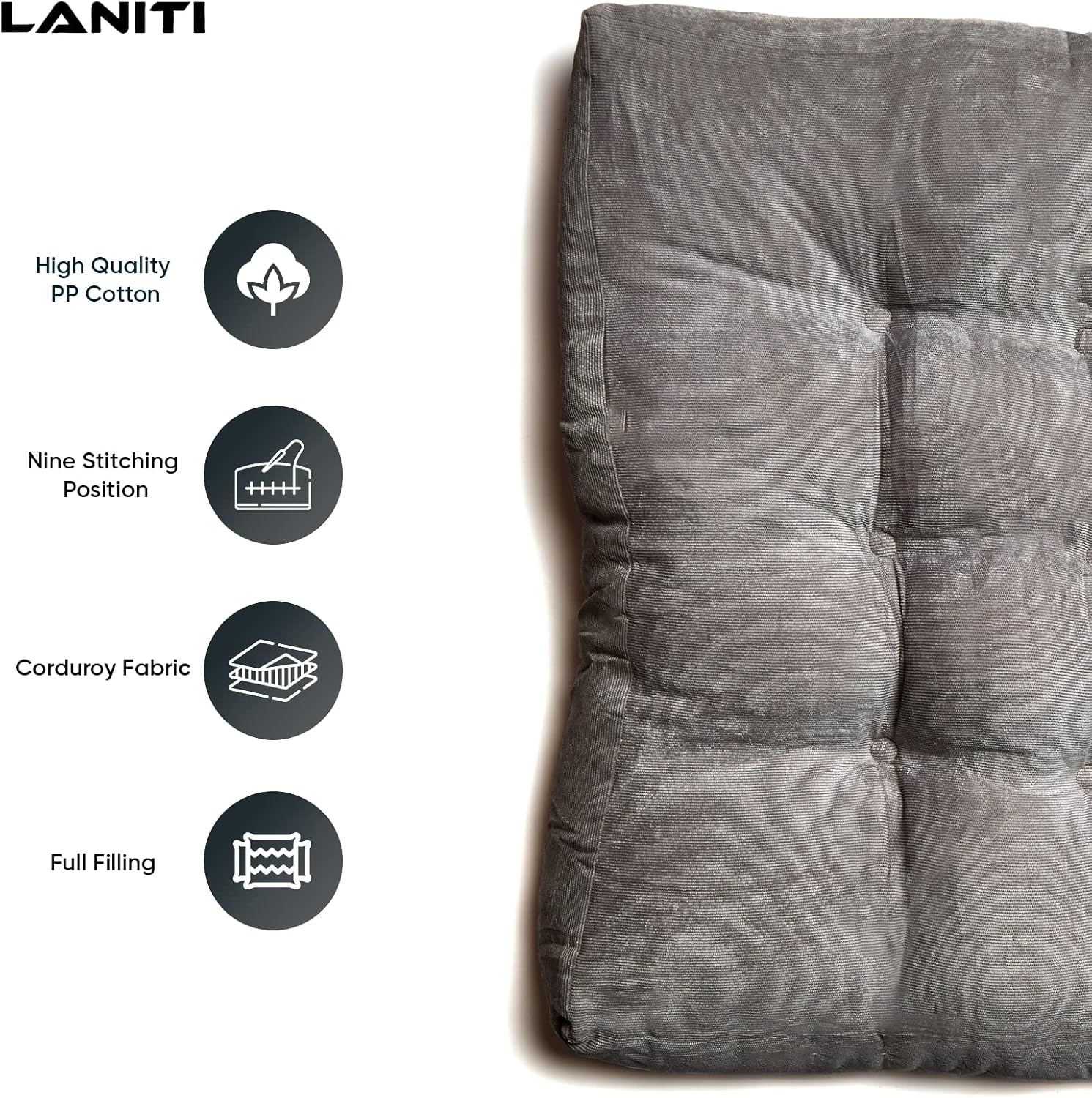 LANITI 24” Inch Extra Large Floor Cushions Tufted Floor Pillow for Adults Square Meditation Ultimate Comfort Oversized Pillows for Floor Cushion (Charcoal)