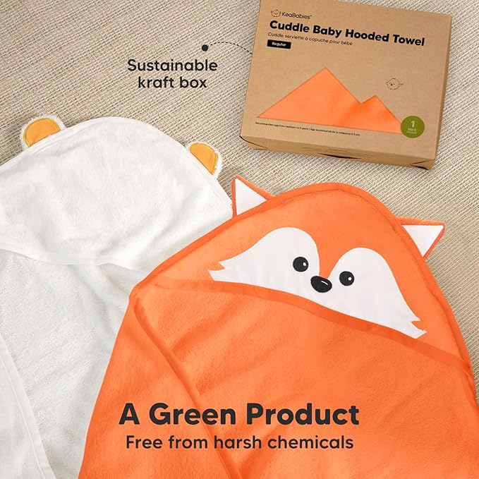 KeaBabies Hooded Baby Towel for Newborn - Viscose Derived from Bamboo Large Baby Bath Towels with Hood for Boys, Girls, Toddler, Extra Absorbent & Soft Newborn Bath Essentials (Fox, Regular)