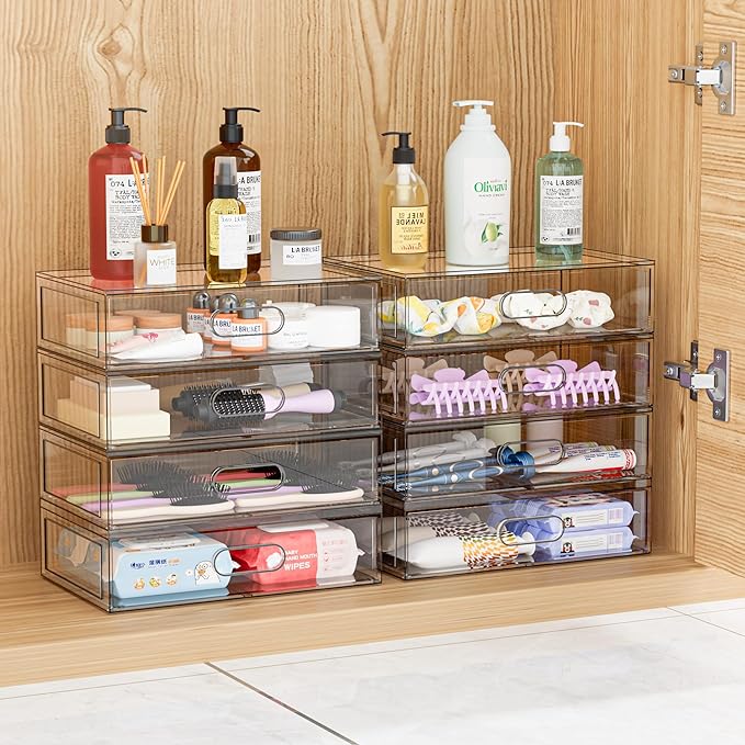 2 Pack Clear Makeup Storage Drawer, 12''W Stackable Bathroom Organizers and Storage Drawer, Acrylic Cosmetic Display Case For Vanity, Undersink, Cabinets, Desk Organizer