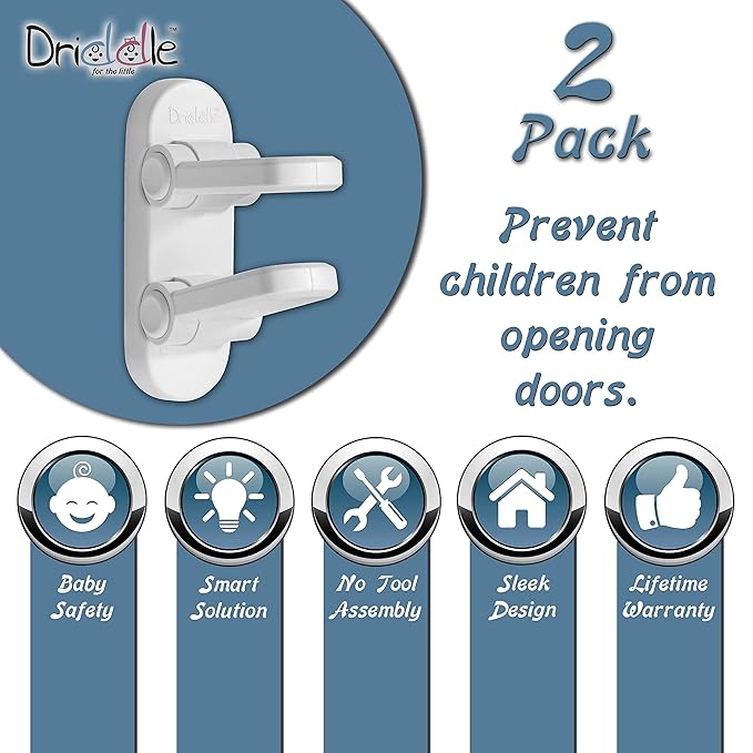 2 Pack - Door Lever Baby Safety Lock - Baby Proofing - Prevent Little Kids from Opening Doors with A Child Proof Door Handle Lock - 3M Adhesive - Driddle