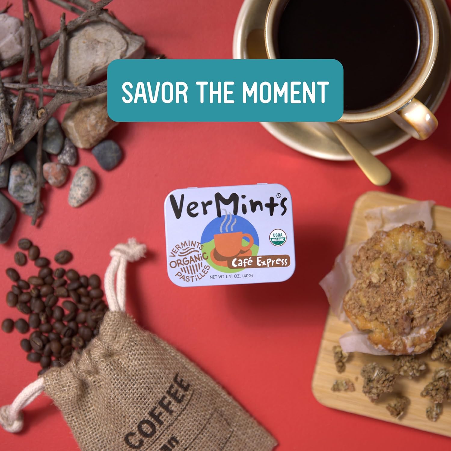 VerMints Organic Breath Mints Café Express - Real Ingredients, Lasting Coffee Flavor - Travel Size Tins - Non-GMO, Nut Free, Gluten Free, Vegan & Kosher Coffee Candy - 1.41oz Tins (Pack of 6)