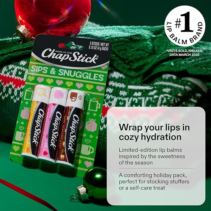 ChapStick Lip Balm, Holiday Variety Packs (6 Sticks) – Candy Cane, Sips & Snuggles Flavored Lip Moisturizers, Stocking Stuffers, Gifts, 0.15 Oz Ea