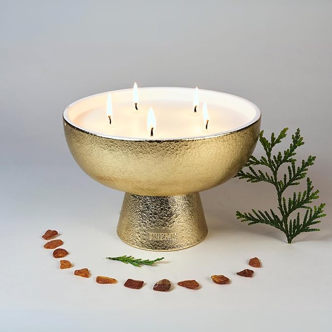 2025 Gold Holiday Candle | Festive - Noble Fir & Amber (Giant), Refillable Wellness, Essential Oil, Sustainable, Hand Finished and Poured, Premium, Luxury Ceramic, Natural Cotton Wick, Soy-Wax Blend