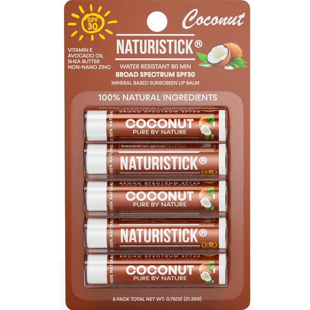 Naturistick SPF 30 Vegan Lip Balm – Mineral Sunscreen with Zinc Oxide | Broad Spectrum UVA/UVB Protection | 100% Natural, Coral-Friendly Formula | Oxybenzone Free | 5-Pack Coconut | Made in USA