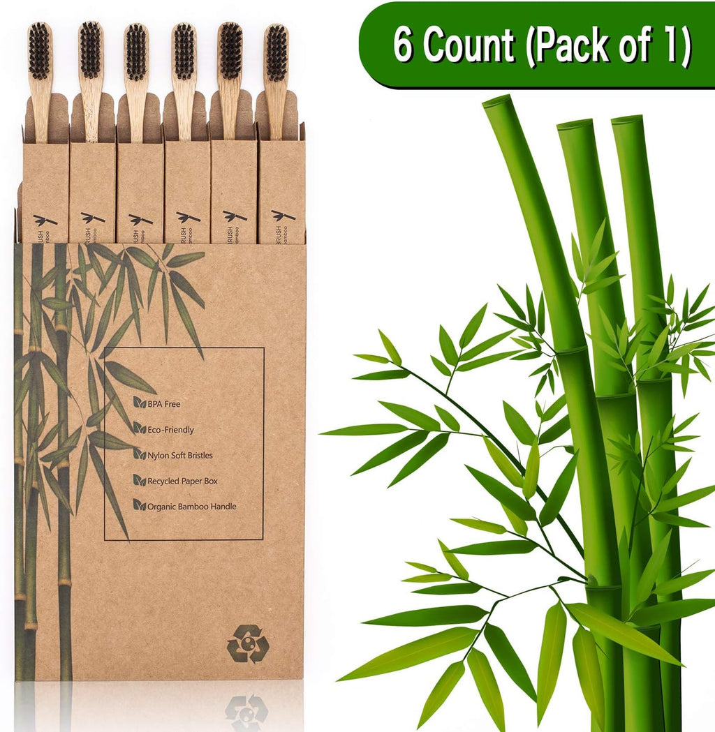 Virgin Forest Bamboo Toothbrush, Biodegradable Bamboo Charcoal Toothbrushes, Natural Eco Friendly Wooden Toothbrush 6-Pack