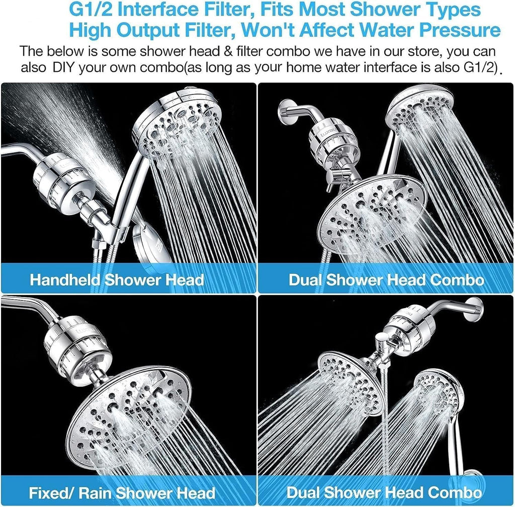 20 Stage Shower Filter with Spin Propeller w/ 2 Cartridge, Reduce Well Hard Water Chlorine Heavy Metal & Impurity, Improve Skin Hair, Fit Most Handheld Shower head Fixed Rainfall, Chrome (Chrome)