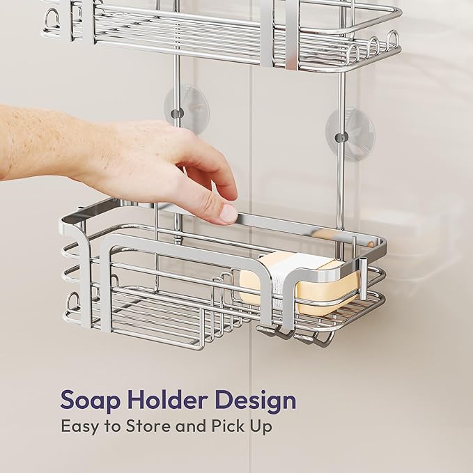 SWTYMIKI Shower Caddy Hanging Organizer - Over the Door Shower Caddy with Soap Holder, 11 Hooks, 2 Installation Ways, Stainless Steel Rustproof Bathroom Organizer, Silver