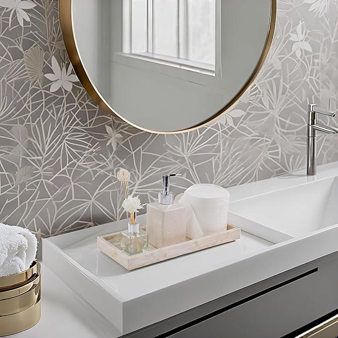 PEMAR Set of 2 Mother of Pearl Vanity Tray for Bathroom Counter, 11" Wooden Organisation Valet Tray for Perfume Makeup Bedroom Dresser Kitchen Sink Countertop Organizer, Toilet Tank (White Tiles)