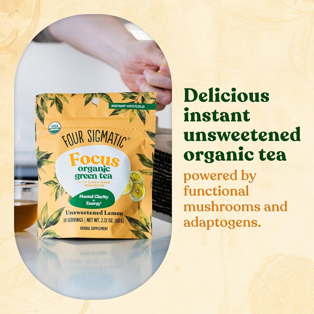 Four Sigmatic Focus Organic Green Tea | Focus Enhancing Tea with Lion's Mane Mushroom Extract | Organic Green Tea, Mint, and Rose Hips | Vegan, Gluten-Free | Unsweetened with Lemon, 24 Servings