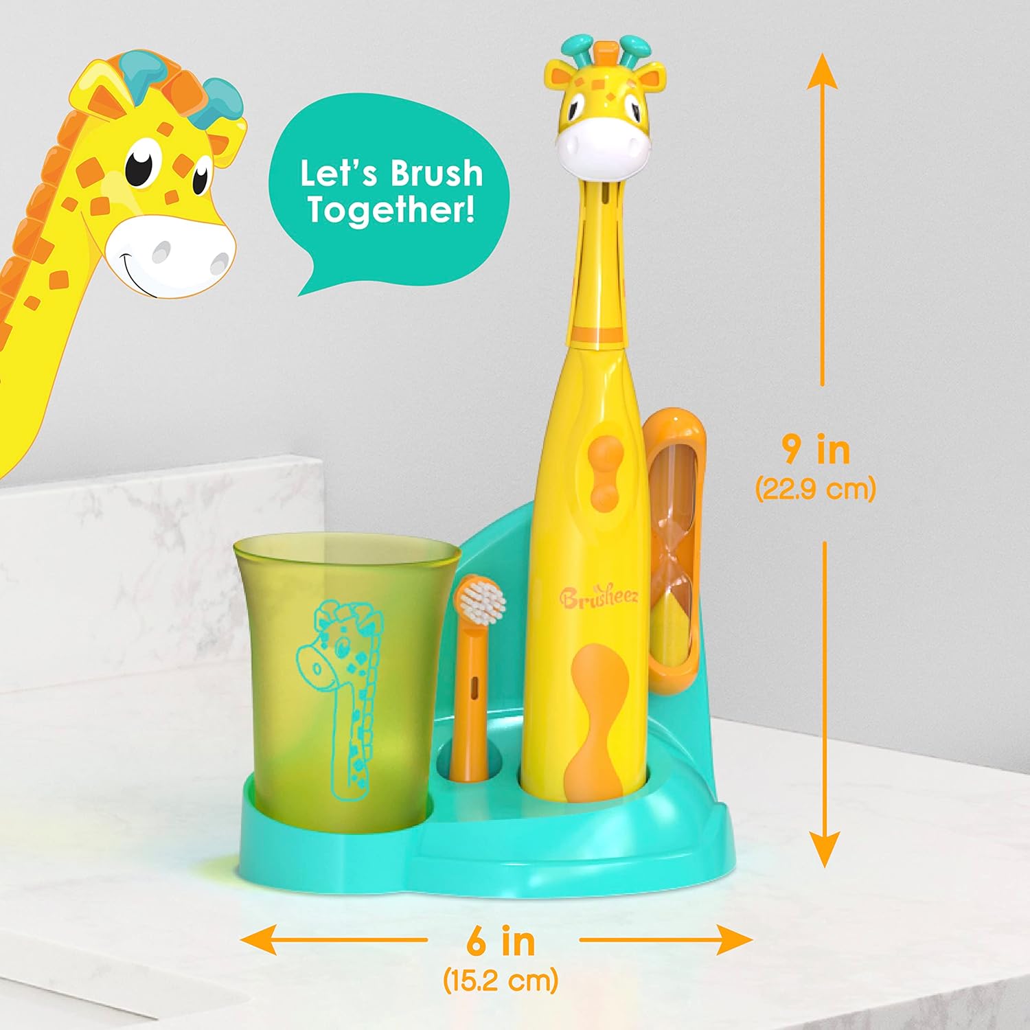 Brusheez Kids’ Electric Toothbrush Set - Safe & Effective for Ages 3+ - Parent Tested & Approved with Gentle Bristles, 2 Brush Heads, Rinse Cup, 2-Minute Timer, & Storage Base (Jovie The Giraffe)