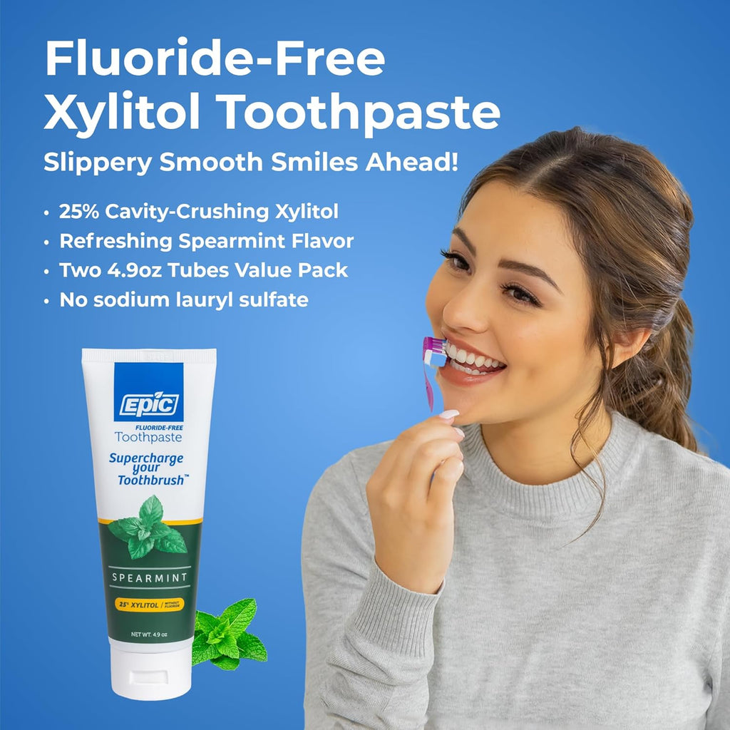 Epic Xylitol Toothpaste for Adults - Fluoride-Free Toothpaste with 25% Xylitol - SLS-Free Formula for Dry Mouth & Fresh Breath - Spearmint, 4.9oz (2-Pack)