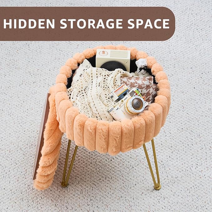 Wimarsbon Vanity Stool with Storage, Faux Fur Ottoman Chair with Metal Legs, Round Makeup Vanity Chair for Bedroom or Dressing Table, Modern Small Ottoman Seat (Orange)