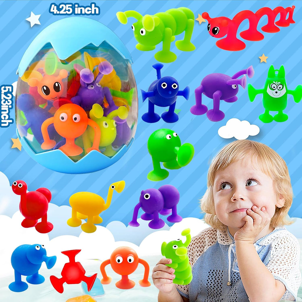 Suction Bath Toys for Kids Age 1-3 3-5, Suction Cup Bathtub Toy Mold Free Party Favor Goody Prize With Eggshell Storage Toddler Silicone Water Table Sensory Travel Window for 2 3 4 5 Year Old Boy Girl