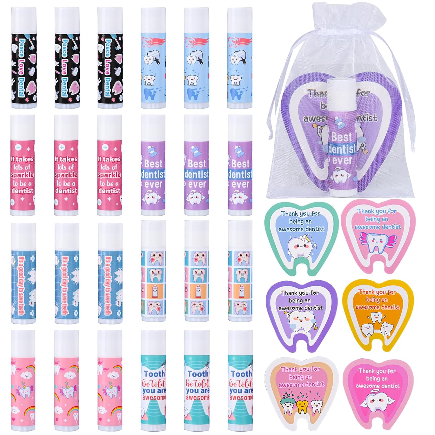 24 Pcs Dentist Gifts Include Lip Balm Thank You Tag Organza Bag Dental Gift for Dental Hygienist Dental Assistant Nurse Suitable Birthday Christmas Thanksgiving Gifts