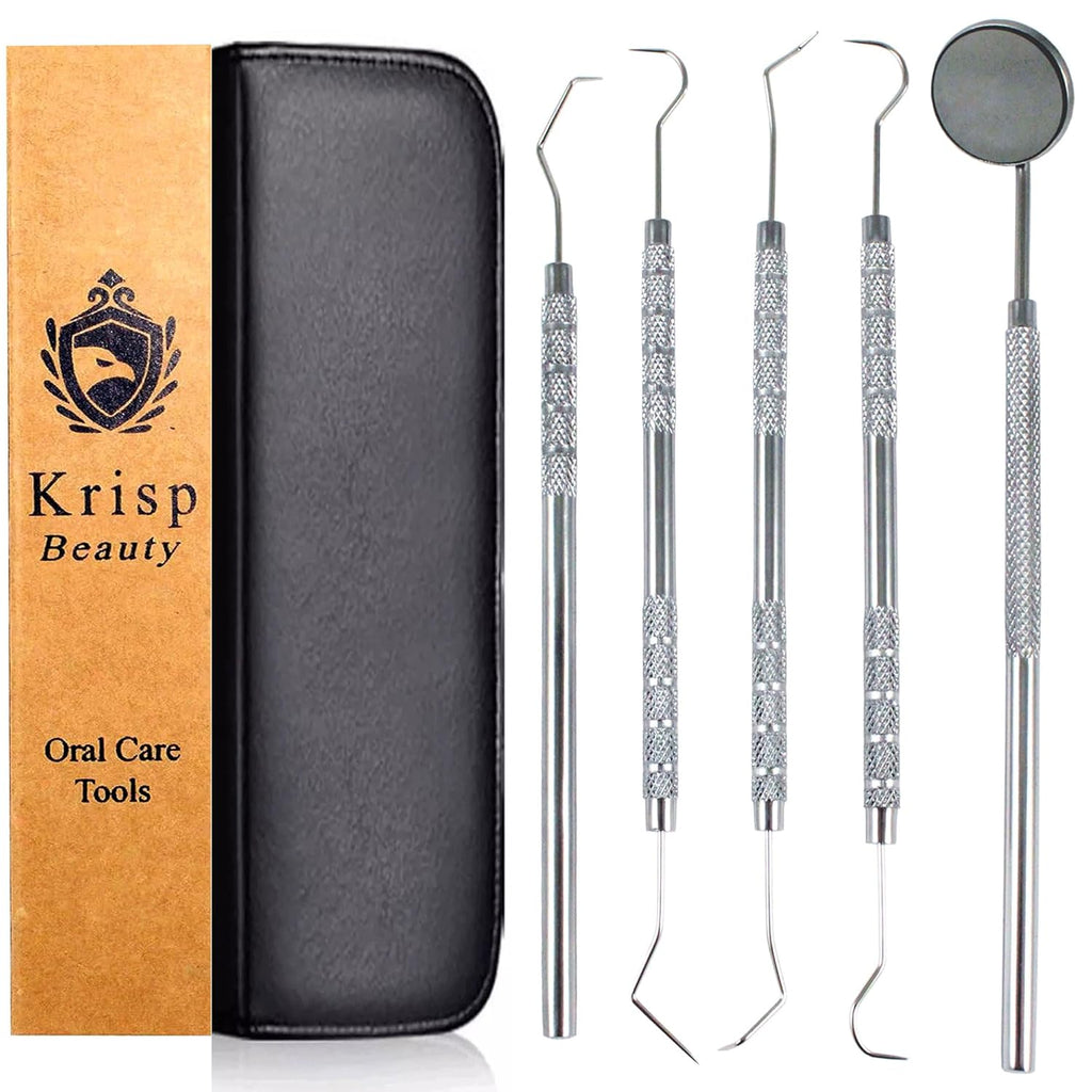 Professional Dental Tools - Dental Pick, Dental Scaler for Tartar Plaque Remover Tooth Cleaner Teeth Scraper Dentist Hygienist Kit Sickle Scaler Teeth Cleaning Set Stainless Steel 5 Pc By Krisp Beauty