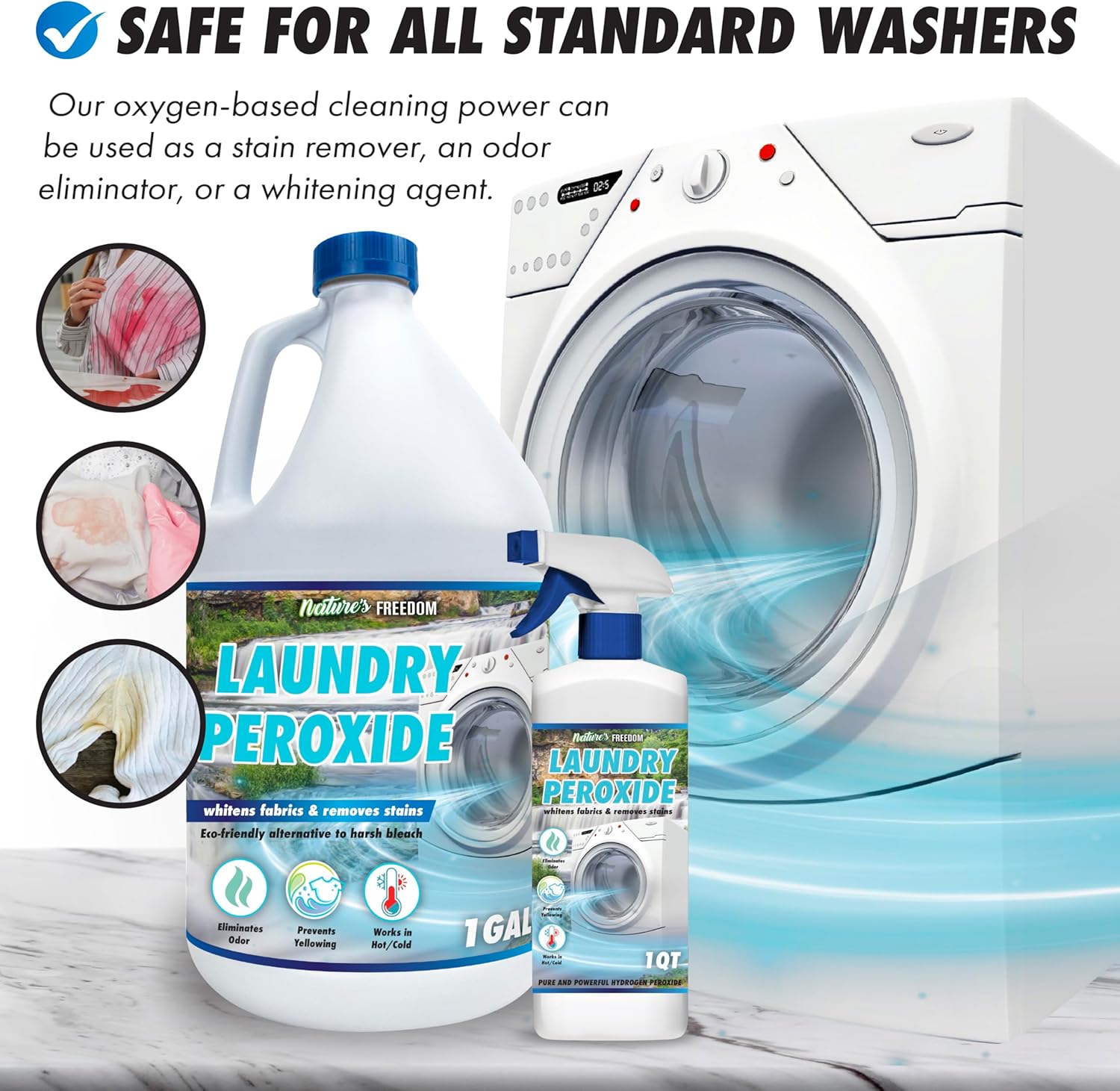 Nature's Freedom Laundry Peroxide, Chlorine-Free Whitening Solution, Stain and Odor Remover, 1 Gallon