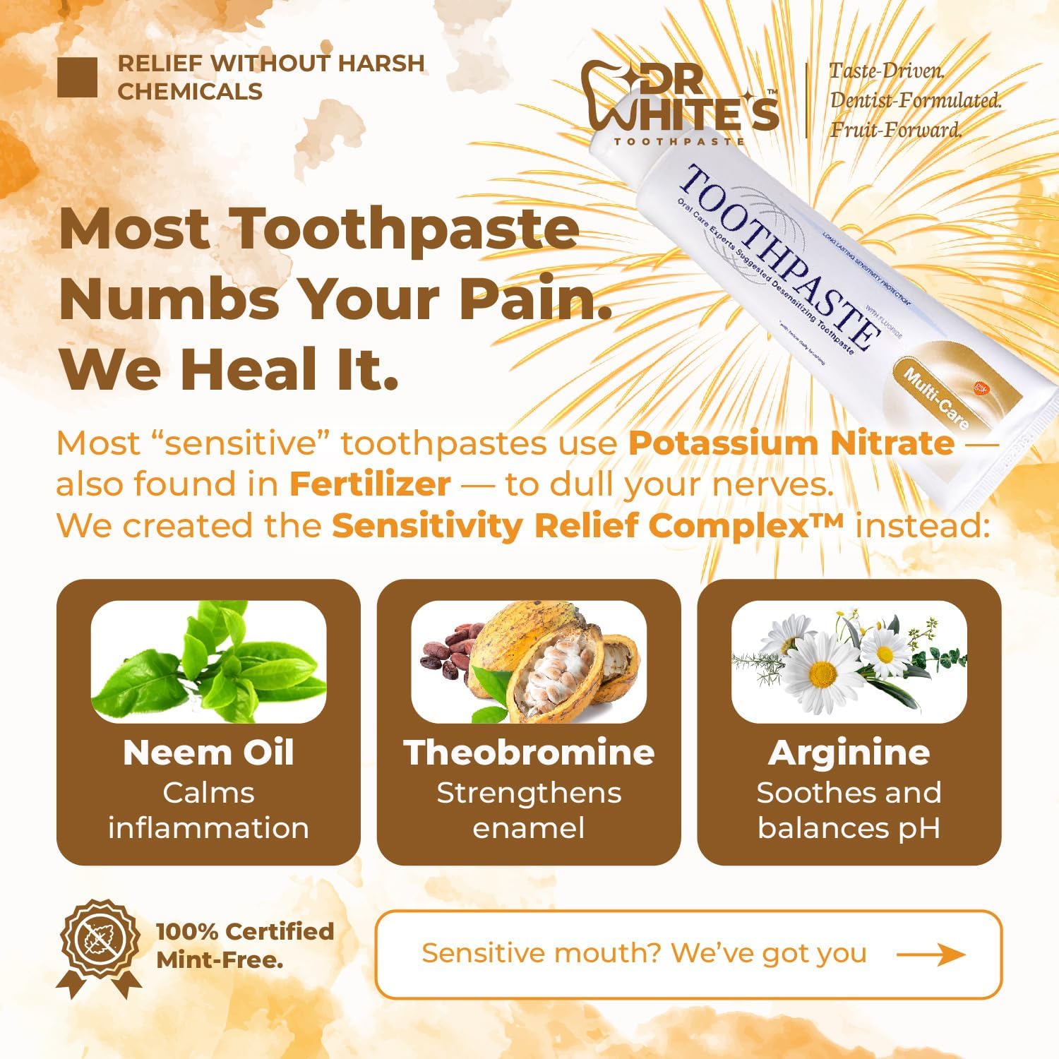 Dr. White’s Fluoride-Free nHA Toothpaste; Dentist-Formulated, Nano Hydroxyapatite + Xylitol, Sensitivity Relief Complex™, Mint-Free, Enamel Safe, Swallow-Safe (3.5 Oz, Mango Joy)