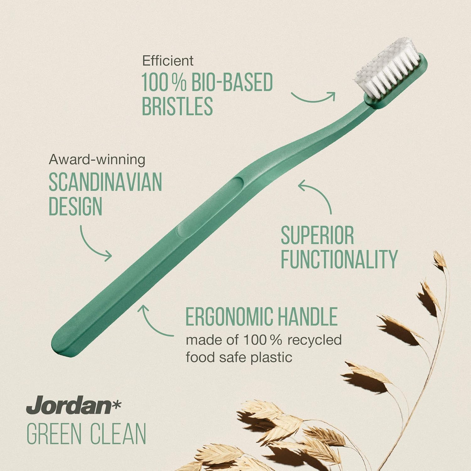 Jordan* ® | Green Clean Toothbrush | Award Winning Sustainable Toothbrush Made from Recycled Materials | Eco-Friendly | Scandinavian Design | Soft Bristle Toothbrush | Adult Toothbrush x 4 Units + Bab
