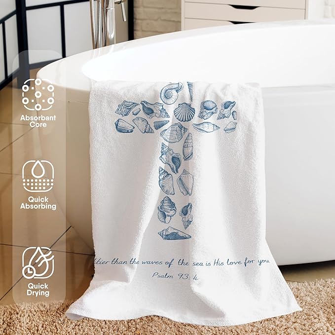 Blue Seashell Cross Christian Beach Towel, Seashell Cross Pool Towels, Christian Bible Coastal Large Beach Bath Travel Towels for Bathroom Swimming Camping, Nautical Bathroom Decor, 30x60in