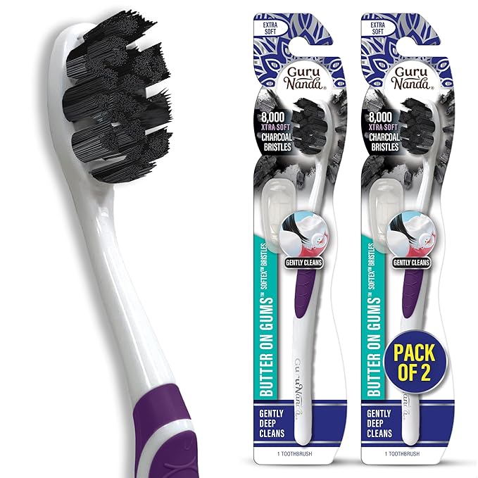 GuruNanda Butter on Gums Charcoal Toothbrush - 8,000+ Softex Bristles for Sensitive Teeth & Gums, Aids in Teeth Whitening, Extra Soft (2 Count)
