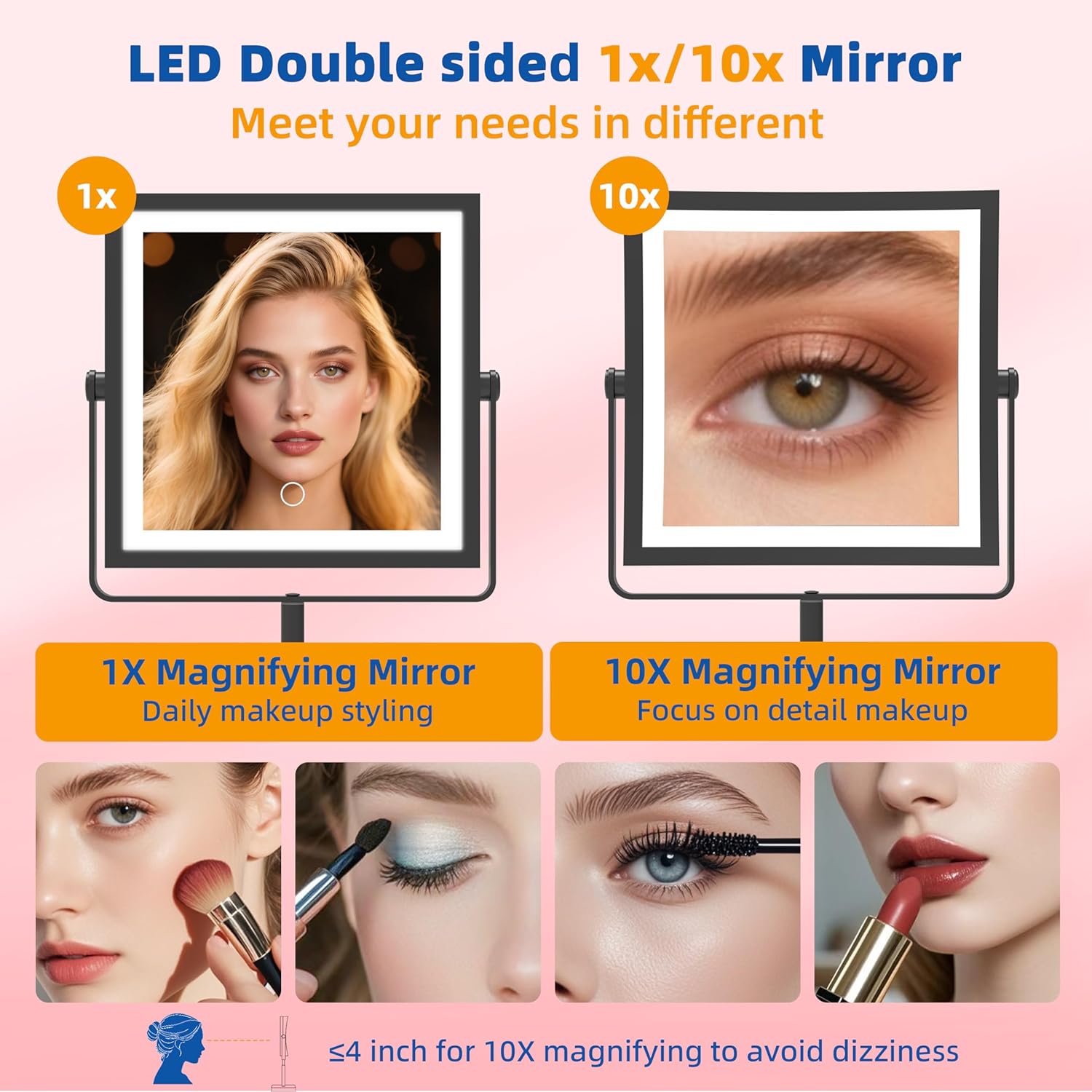 Ruacq Vanity Mirror with Lights, Height & Brightness Adjustable, Rechargeable 4000mAh Lighted Makeup Mirror with Magnification 1X/10X, 3 Color Lights & 360° Rotation (Matte Black-Table)