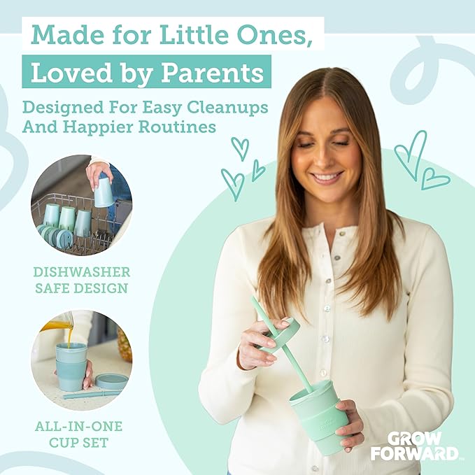 Grow Forward Bamboo Kids Cups with Lids and Straws - 10oz Drinking Cups for Kids with Childproof Twist Lids & Silicone Straws - Eco Friendly, BPA Free, Non Toxic & Dishwasher Safe - Rainforest