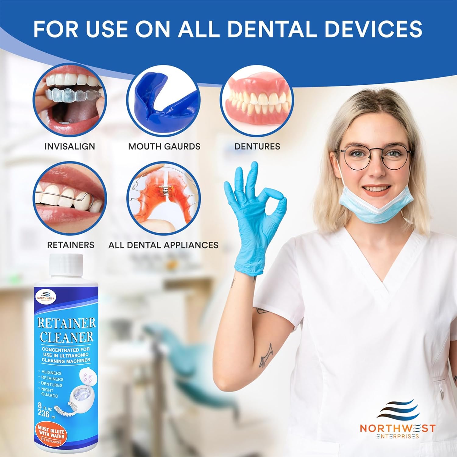 NORTHWEST ENTERPRISES Ultrasonic Retainer Cleaner Solution Concentrate for Ultrasonic Machines - Cleans Mouthguards, Invisalign & Nightguards - Odor, Stain & Discoloration Remover (8 oz)