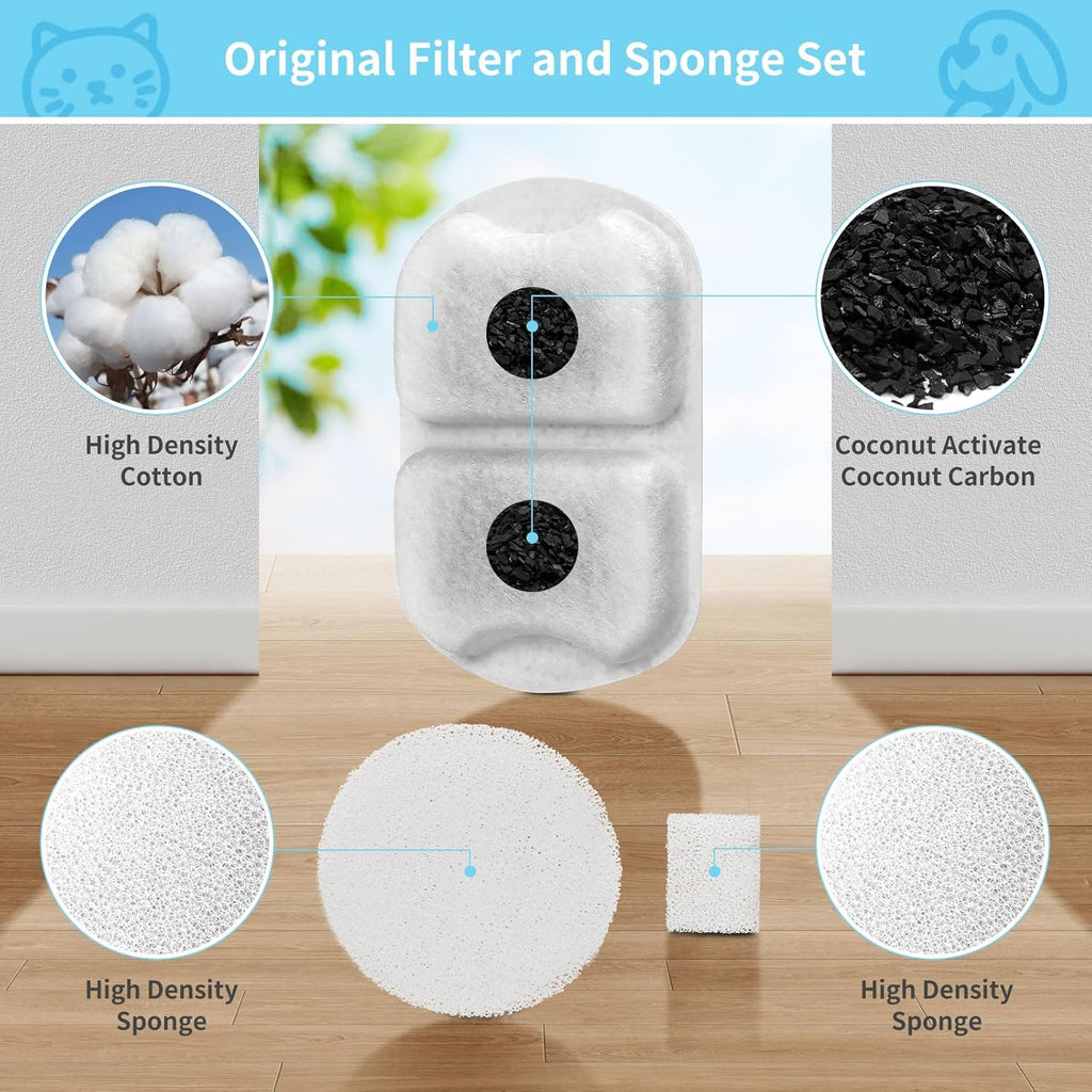 8 Set Dog Fountain Filter Replacement for 7L/230oz/1.8G Stainless Steel Dog Water Dispenser, YOIHABV Cat Fountain Filters, Triple Filtration Pet Water Filter, Replacement Filters and Sponges