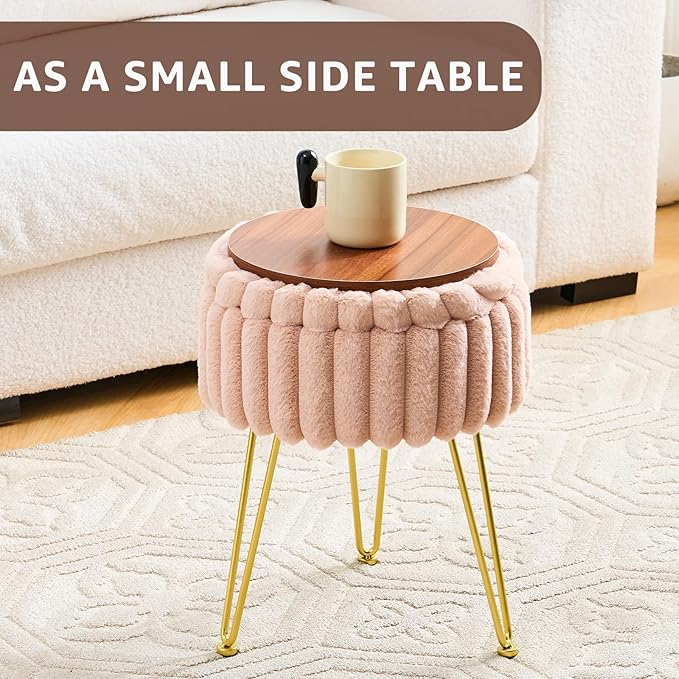Wimarsbon Vanity Stool with Storage, Faux Fur Ottoman Chair with Metal Legs, Round Makeup Vanity Chair for Bedroom or Dressing Table, Modern Small Ottoman Seat (Beige)