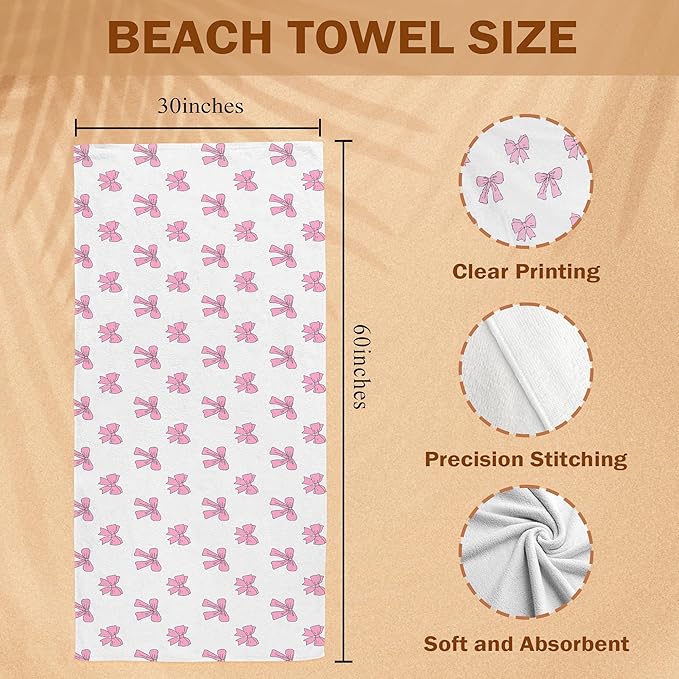 Pink Preppy Bow Beach Towel, Preppy Coquette Bow Pool Towels, Pink Girly Large Beach Bath Travel Towels for Teen Girls Women Swimming, Coquette Girly Bows Bathroom Accessories Decor, 30x60in