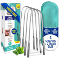 GuruNanda Tongue Scraper for Adults (4-Pack) with Travel Case, 420 Medical Grade Stainless Steel, Aids in Fresh Breath & Oral Care - Travel-Friendly