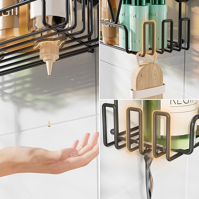 KEGII Shower Caddy Suction Cup with Hooks, Large Capacity Shower Suction Shelf, Heavy Duty Bathroom Organizer, No Drilling Stainless Steel Shampoo Holder for Bathroom Storage, Black