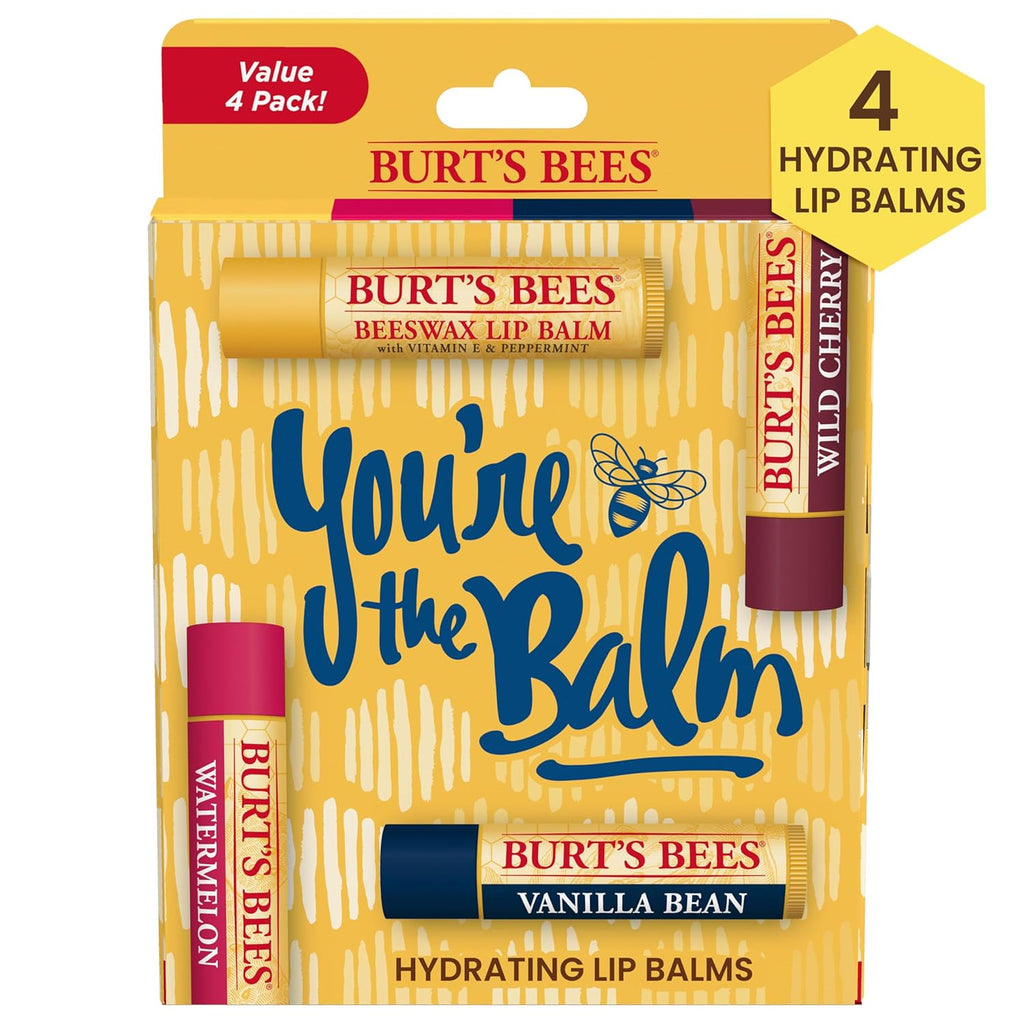 Burt's Bees You're the Balm Lip Balm Pack, With Beeswax, Wild Cherry, Watermelon and Vanilla Bean Flavors, With Responsibly Sourced Beeswax, Tint-Free, Natural Origin Lip Treatment, 4 Tubes, 0.15 oz.