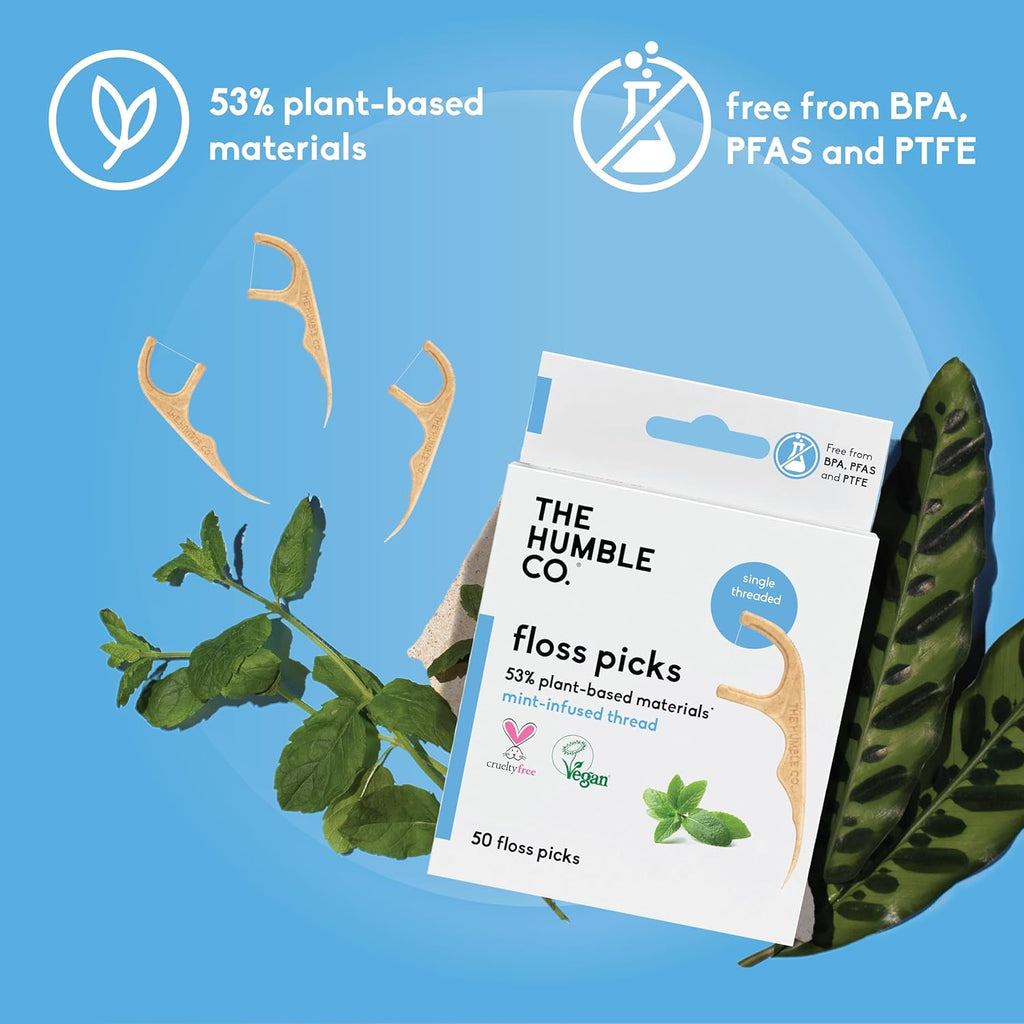 The Humble Co. Floss Picks (200 Count) – Plant Based Dental Floss Picks for Superior Oral Care, Dental Hygiene, and Gum Health, Cruelty Free Tooth Floss Picks (Mint, Single Thread)