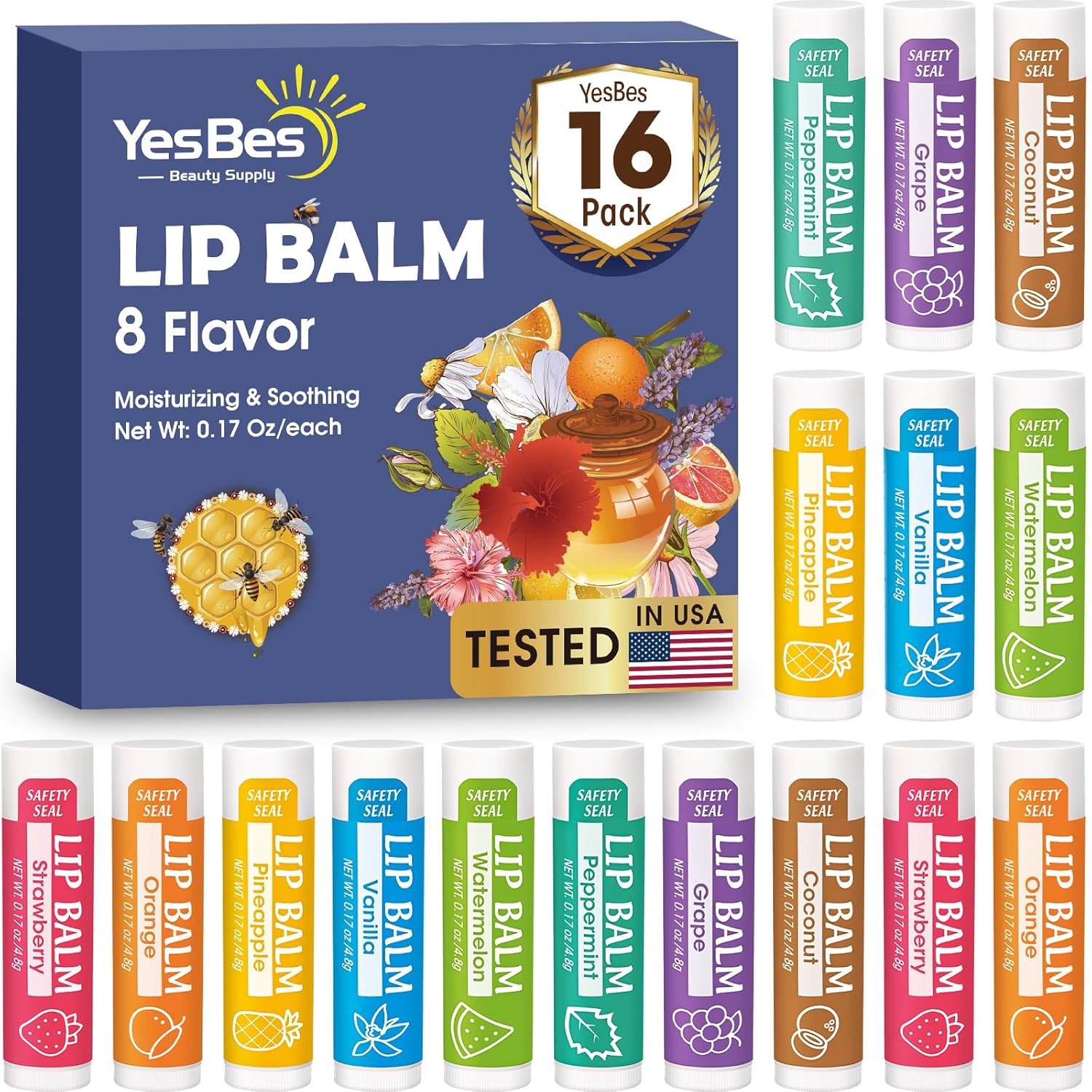 16 Pack Lip Balm, Natural Lip Balm Bulk with Vitamin E and Coconut Oil, Moisturizing Lip Balms for Dry Cracked Lips, Lip Balms for Stocking Stuffers - 8 Flavors