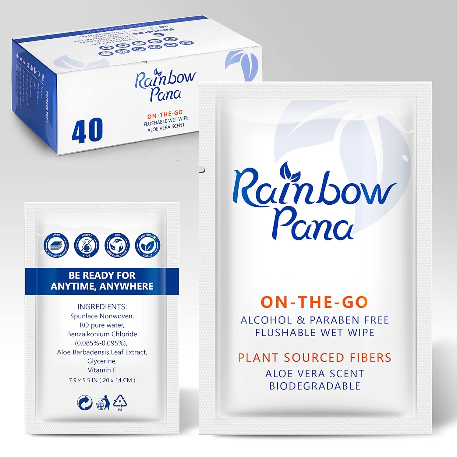 RainbowPana Flushable Wipes, 40 Count, ON-THE-GO Individually Wrapped - Butt Wipes for Women and Men, Travel Wipes for Family - Infused with Vitamin E and Natural Aloe, pH Balanced
