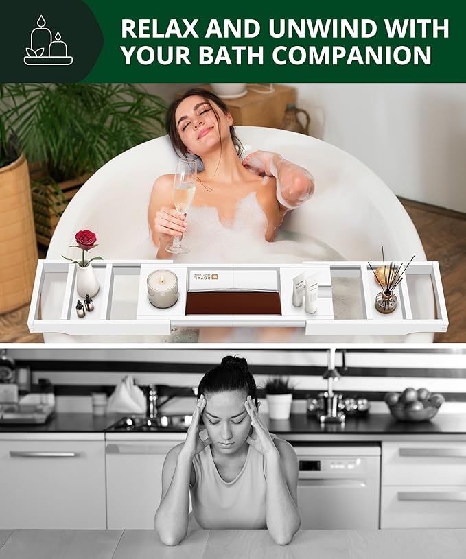 ROYAL CRAFT WOOD Premium Foldable Bathtub Tray - Wood Bath Tray for Tub, Bamboo Shelf, Expandable Bath Table Trays, Bathtub & Bathroom Accessories for New Home & Mothers Day & Birthday Gifts for Mom