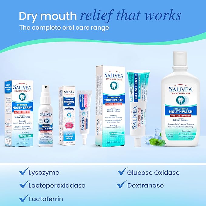 Salivea Dry Mouth Relief Gel Moisturizer, 1 oz Tube, Saliva Substitute Dry Mouth with Salivary Enzymes & Moisturizers, Formulated Without Alcohol, Non-Irritating, Soothing Formula for Oral Dryness