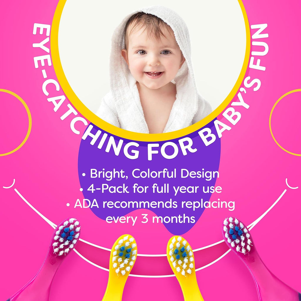Baby Toothbrush 12 months and up - Toddler Toothbrush - Soft Bristles - Child Sized Brush Heads - Infant toothbrush - Kids Tooth Brush - Easy Storage - Girl Set (4-Pack, Pink & Purple - Color)
