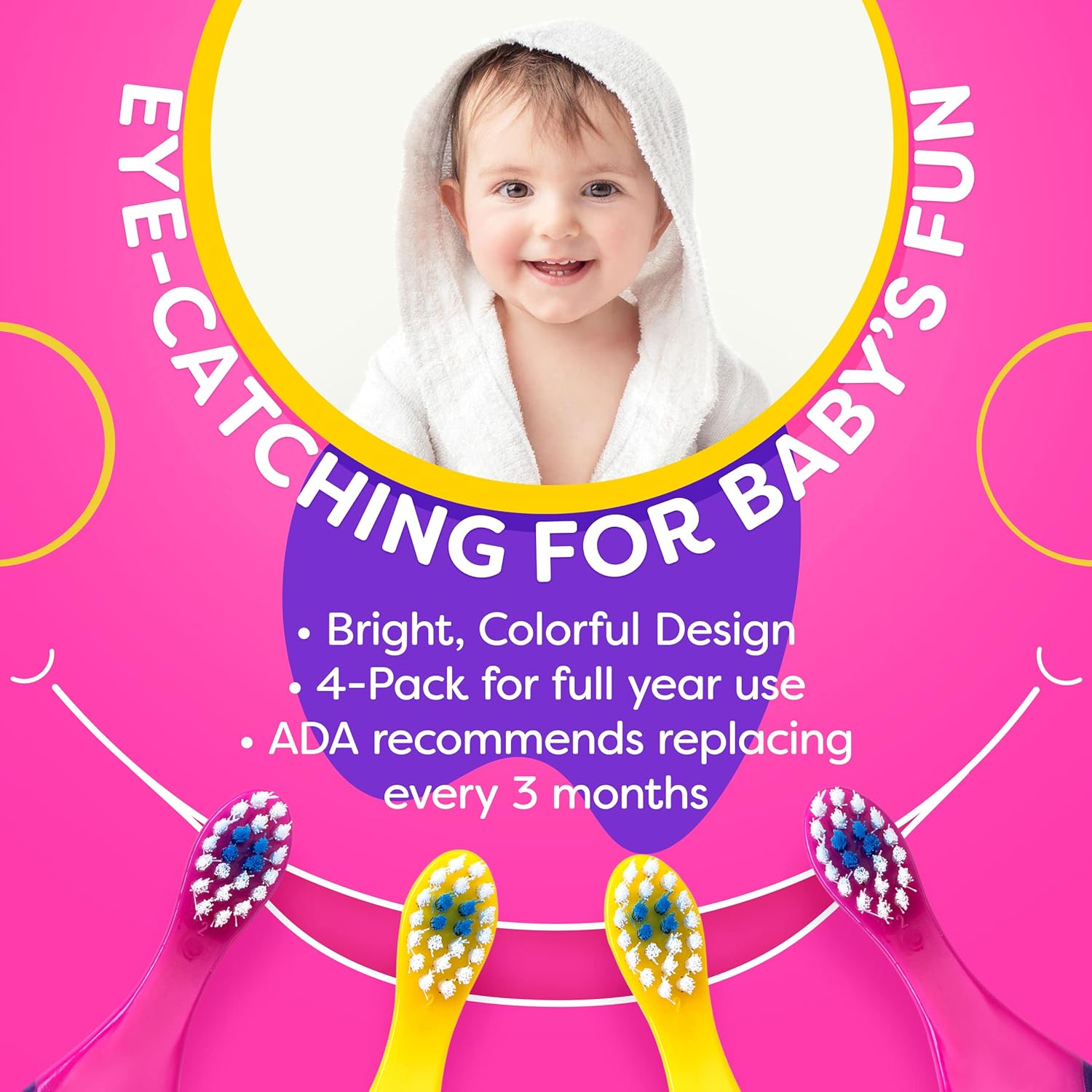 Baby Toothbrush 12 months and up - Toddler Toothbrush - Soft Bristles - Child Sized Brush Heads - Infant toothbrush - Kids Tooth Brush - Easy Storage - Girl Set (4-Pack, Pink & Purple - Color)