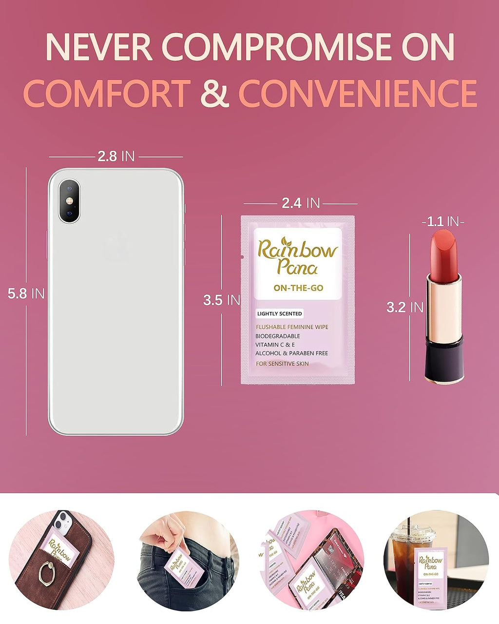 RainbowPana Feminine Wipes, 120 Count ON-THE-GO Individually Wrapped | Flushable Wipes, Travel Wipes for Women, Pre/Post-Intimacy Cleansing | Aloe, Portulaca, Vitamin E | pH Balanced, Biodegradable